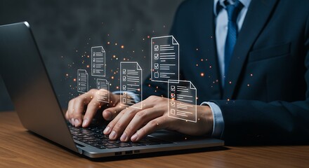 Man in Suit Working on Laptop with Document Icons