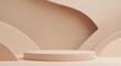 © JuliusGideon - Minimalist 3D rendering of a beige podium on a background with abstract flowing waves for product presentation.
