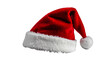 © Olena - An image of a classic red Santa Claus hat on a clean white background. The hat is made of red felt or velvet with a white fur trim and a white pom pom at the tip. The hat is laid on its side, showing