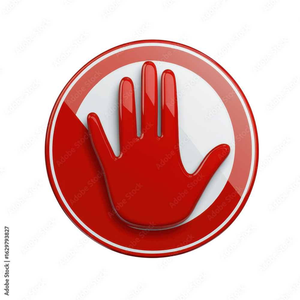 Red hand stop sign, a universal symbol for prohibition, restriction on ...