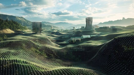 A digital landscape with binary patterns embedded in grid-like structures 
