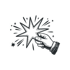 Wall Mural - Hand Holds Cartoon Starburst Shape with Lines and Geometric Stars Doodle
