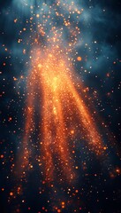 Wall Mural - radiant light rays shining through a dark space, illuminating orange hues and sparkling particles