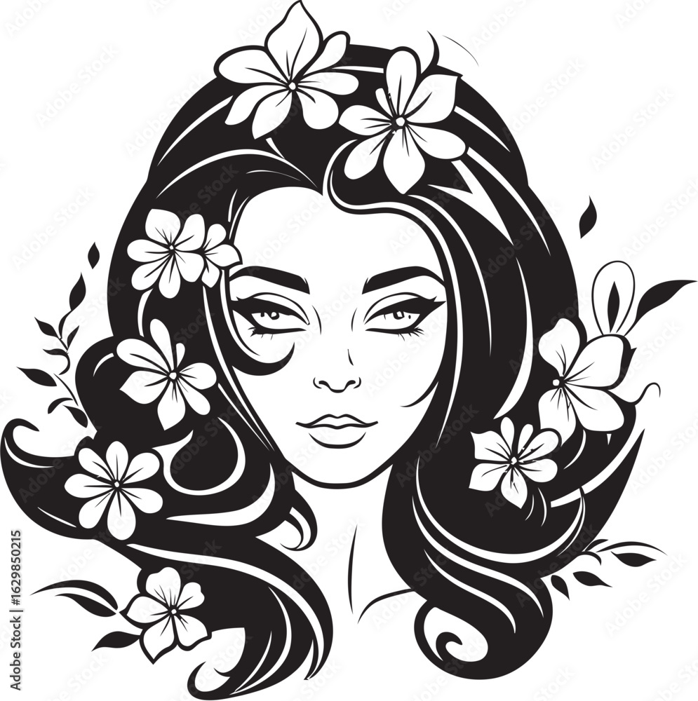 Black Design Logo of Woman Face Embellished with Flowers Artistic Woman Face and Floral Motif Vector Black Icon