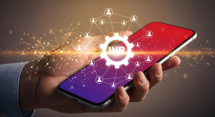 Wall Mural - hand holding smartphone displaying imr gear graphic over network connectivity in warm tones