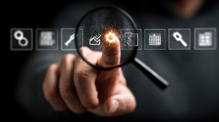Man inspecting digital skill development icons with magnifying glass on dark background, representing modern learning and analysis