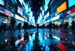 © starush - Crowd of people walking on busy city street at night with illuminated billboards and reflections on wet pavement