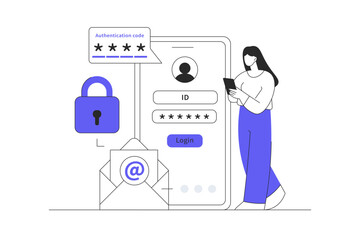 Two step verification concept, OTP, authentication password, one time password for secure website account login, login page on screen. Flat Cartoon Vector Illustration, icon Stylish abstract design 