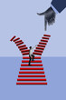 © master1305 - Creative collage of man climbing broken red stairs guided by pointing giant hand. Concept of leadership strategy, career development, personal growth, and education platforms.