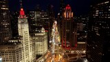 Michigan Avenue In Chicago Illinois United States. Birds Eye View Of Stunning Cityscape With Streets And Buildings. Night Highway Road Downtown Cityscape. Night Outdoor Panorama. Chicago Illinois.