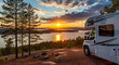 © Ksenia Pestereva - Serene campervan vacation on a hilltop overlooking lake at scenic sunset. Campervan vacation trip promises a relaxed atmosphere, scenic landscapes, and opportunities for outdoor recreation, freedom,