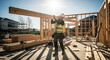 © Ksenia Pestereva - Construction worker carrying timber beam, framing the construction site. Construction worker holds heavy timber beam, wearing safety gear at new build site.