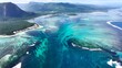 © bydronevideos - Underwater Waterfall In Le Morne Beach Mauritius Island Mauritius. Stunning Tropical Coastline Beach Scene Viewed From Above. Shore Horizon Beach Sea. Shore Seaside Tropical Environment.