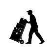 © Nur - A silhouette of a delivery person pushing a hand truck loaded with boxes on a white background space