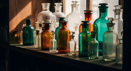 Assortment of vintage glass bottles on shelf