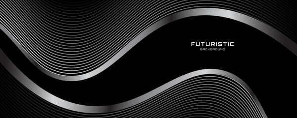 Wall Mural - 3D black white techno abstract background overlap layer on dark space with silver wave lines decoration. Modern graphic design element stripes style concept for web, flyer, card or brochure cover