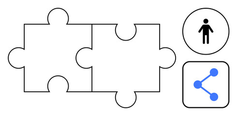Two interconnected puzzle pieces symbolizing teamwork, with icons for human figure and sharing. Ideal for collaboration, partnership, connections, teamwork, human interaction, sharing, and a simple