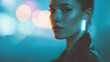 © DOUGLAS - Futuristic female portrait neon light cyberpunk style glowing earring moody city night