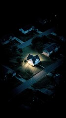 Wall Mural - stunning photo of single brightly lit house glowing in the middle of a pitch-black neighborhood duri