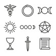© Svitlana - Alchemy Icon Set. Outline icon set of alchemy tools and symbols: caduceus, ouroboros, triple moon, sun symbol, moon phases,