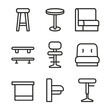 © Sanych - Bar Seating Icons. Outline icon set of bar seating options: bar stool, high-top table, booth bench, footrest rail, swivel chair,