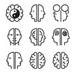 © Настя Шевчук - Dual Mind Icon Set. Outline icon set of duality and mind split: yin-yang brain, two-faced head, divided thoughts, mirrored minds,