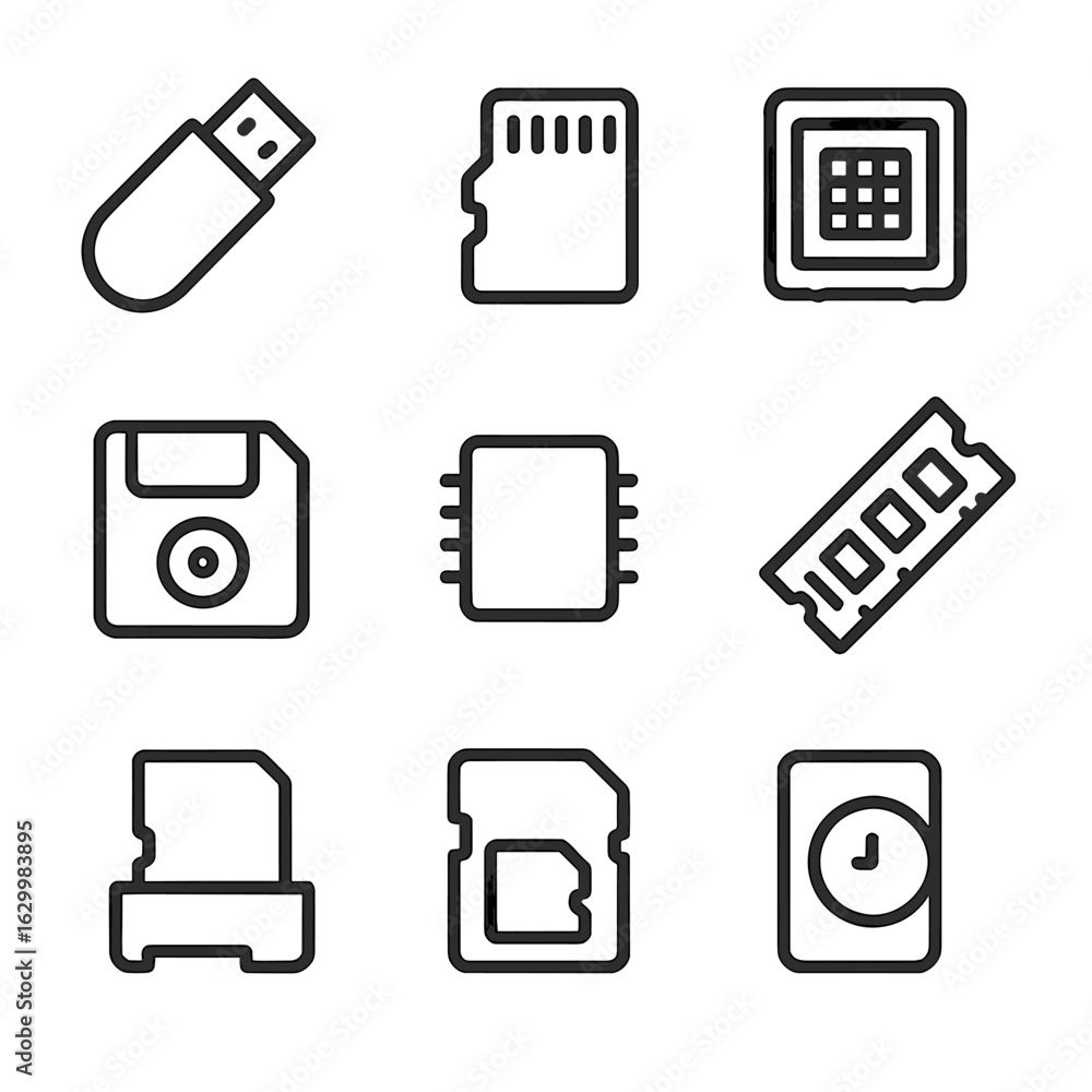 Flash Storage Icons. Outline icon set of flash storage devices: USB ...