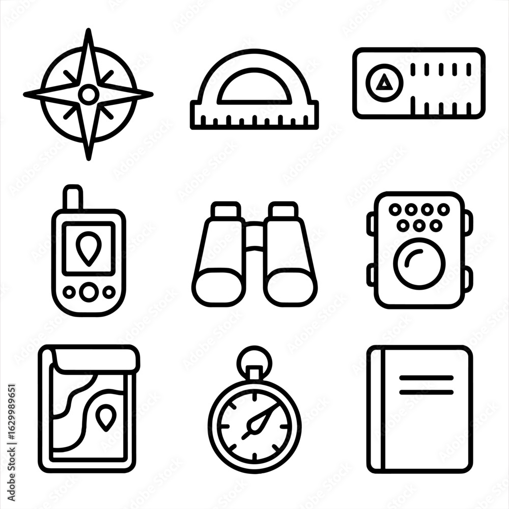 Map. Distance Ruler Icon Map Tools Icons. Outline icon set of map tools and equipment: compass ...