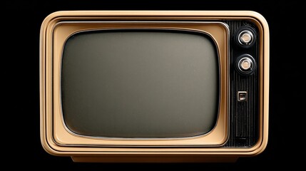 A vintage, gold-trimmed television set with a dark screen and two knobs, set against a black background