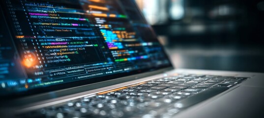 A laptop with a glowing screen displaying vibrant programming code for software development