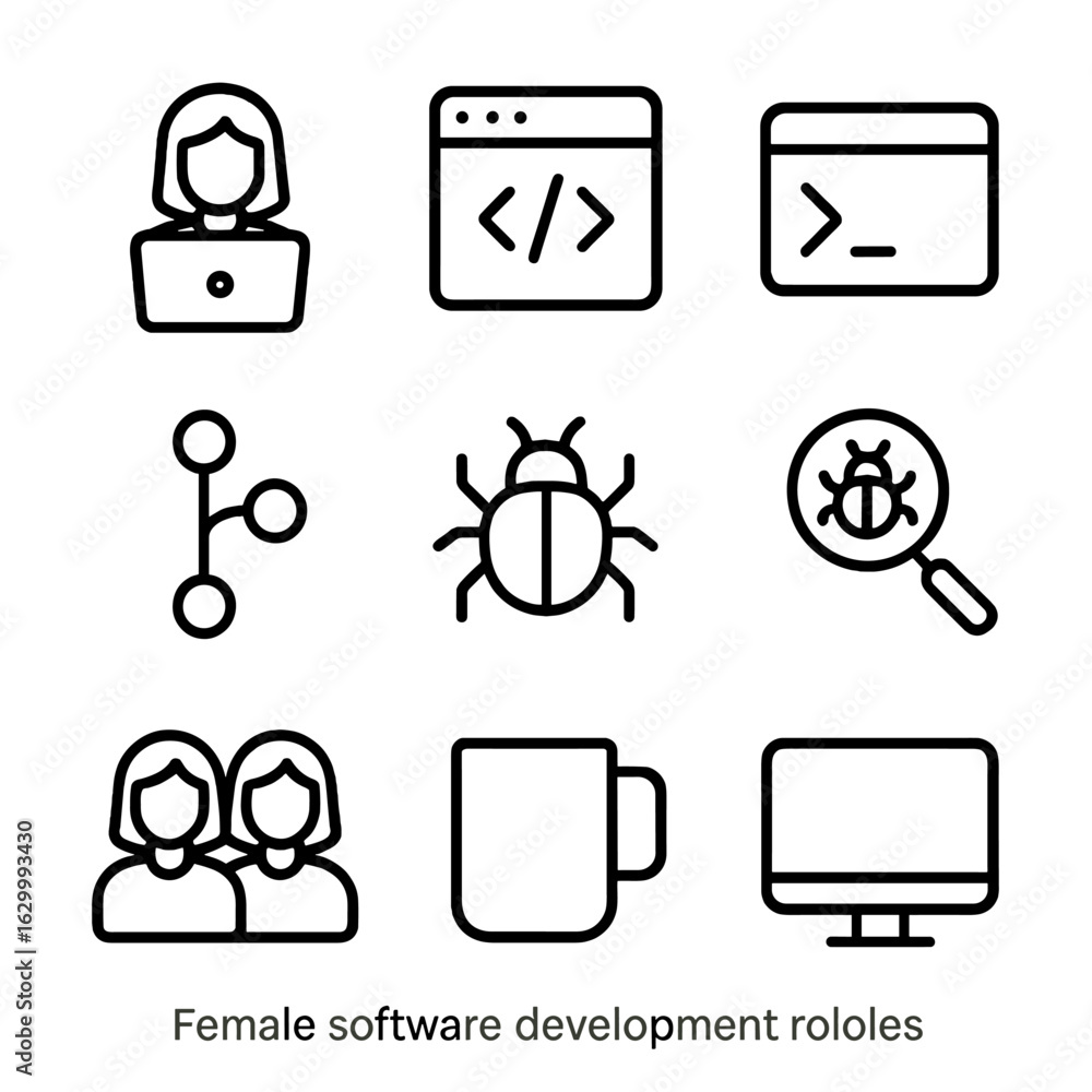 Female Developer Icons. Outline icon set of female software development ...