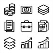 © Viacheslav - Finance Icon Set. Outline icon set of stack in finance: coin stacks, cash pile, investment layers, document stack, portfolio tiers