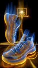 Wall Mural - futuristic basketball shoes jumping to dunk on a glowing court