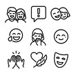© Sanych - Shared Humor Icons. Outline icon set of shared humor moments: laughing couple faces, speech bubble with exclamation, tilted heads