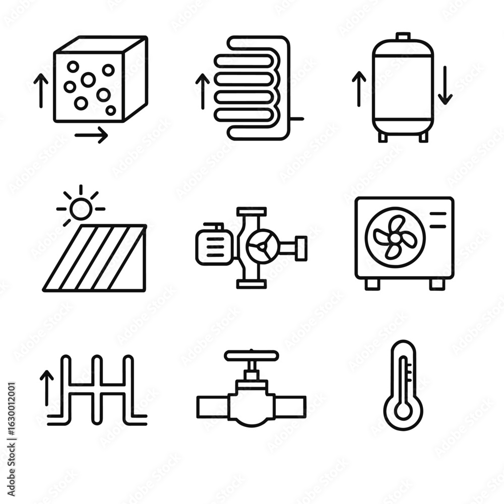 Process Heat Source Icon Thermal Energy Icons. Outline icon set of thermal energy storage ...