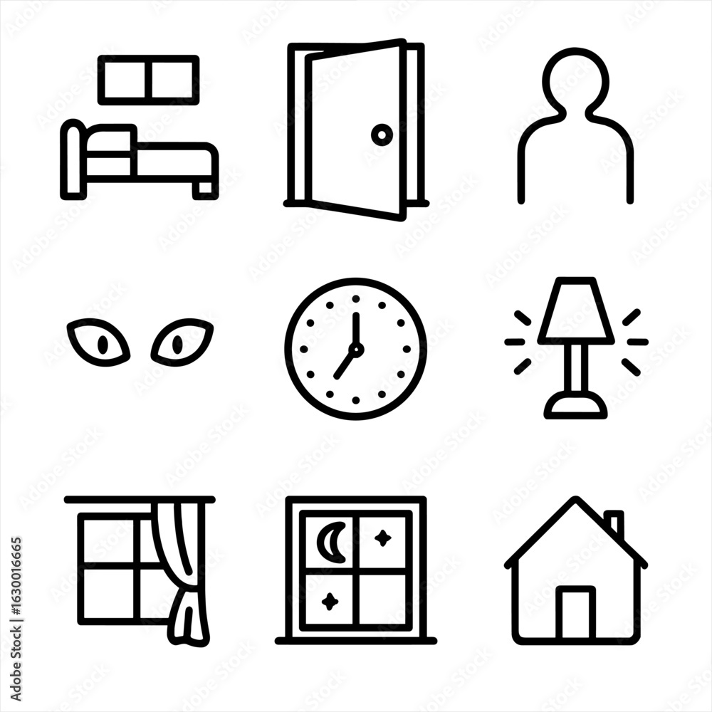 Nighttime Fears Icons. Outline icon set of nighttime fears: dark ...