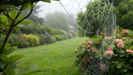 Macro shot of rain covered spider web set against a lush green garden backdrop