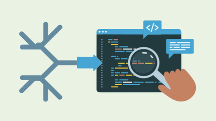 developer's hand reviewing code with a magnifying glass during a pull request vector illustration 