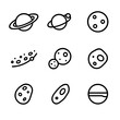 © Coosh448 - Celestial Icon Grid. Outline icon set of rings and moons: ring system, shepherd moon, moon, asteroid belt, Trojan asteroid, Kuiper