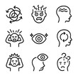 © Svitlana - Madness Concept Icons. Outline icon set of madness concepts: chaos, insanity, delirium, frenzy, hallucination, obsession,