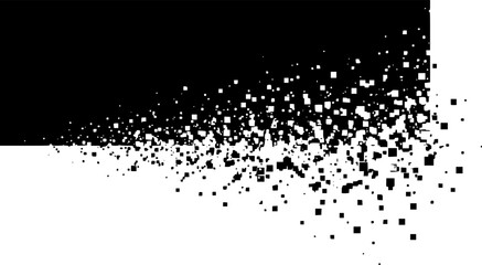 Black rectangular shape dissolving into scattered pixels on a white background depicting disintegration
