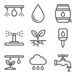 © BROTHER - Farming Water Conservation Icons. Outline icon set of water conservation in farming: irrigation system, water