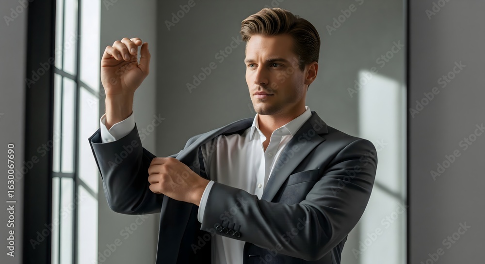 Confident businessman adjusting his suit jacket for a powerful first ...