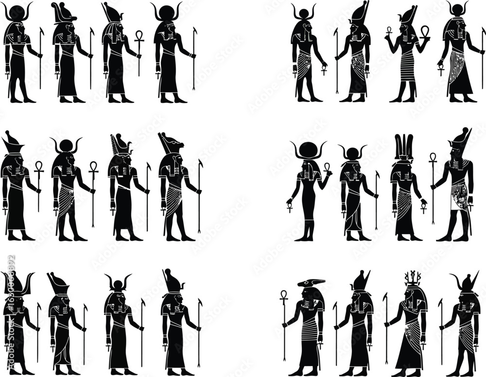 Ancient egyptian hieroglyphs depicting gods and goddesses in ...