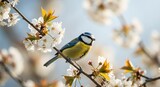 Beautiful Close-up of a Blue Tit Perched on a Cherry Blossom Branch with Soft Bokeh Background