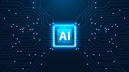 Wall Mural - neural processor and circuit connected line in blue background for ai, cpu and all others technologi
