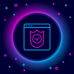 Wall Mural - Glowing neon line Browser with shield icon isolated on black background. Security, safety, protection, privacy concept. Colorful outline concept. Vector