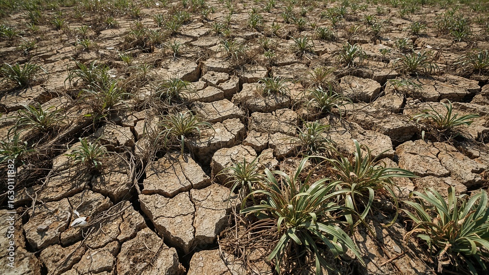 Cracked earth with sparse vegetation showing signs of drought and arid ...