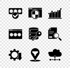 Wall Mural - Set Password protection, Browser with shield, Pie chart infographic, Cost reduction, Location sales funnel, Network cloud connection, and Server security key icon. Vector