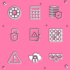 Wall Mural - Set Safe, Password protection, Server with shield, Lock, Tablet exclamation mark, Graphic password, Exclamation in triangle and Cloud computing lock icon. Vector